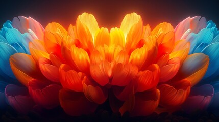  Close-up photo of a vibrant red, orange, and blue flower on a dark background