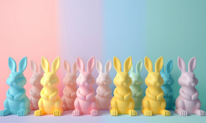 Cute easter bunny background. Line of pastel rabbits