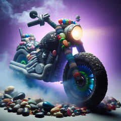Motorcycle made of rocks purple background