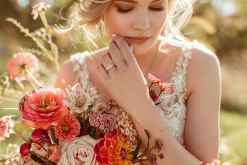 Naklejka premium Wedding nail design of the bride, beautiful hands of the bride with well-groomed manicure