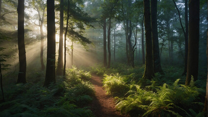 A sunlit path winds through a misty forest. The sun's rays shine through the trees, illuminating the path and the ferns that line it. The forest is green and lush, and the air is filled with mist.