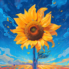 Vibrant Sunflower Blooming on a Color-Spectrum Sky, A Whimsical Illustrative Design