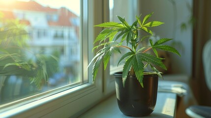 Cannabis-Pflanze am Fenster im Wohnzimmer, Cannabis Legalisierung in Deutschland