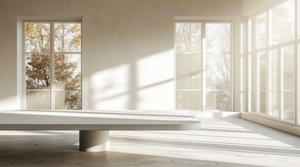 Modern bright interior of empty white room illuminated by daylight with a large table