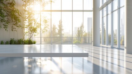 Empty white marble table in modern office with panoramic window view