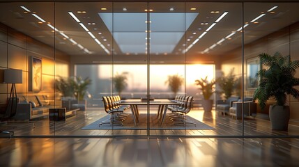 Modern meeting room interior. 3d rendering mock up toned image. Blurred office background, business background, out of focus - obrazy, fototapety, plakaty
