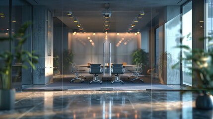 Modern conference room interior with glass walls, panoramic windows and city view. Blurred office background, business background, out of focus - obrazy, fototapety, plakaty