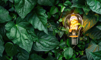 Light bulb and fresh green leaves. Renewable energy and sustainable living concept