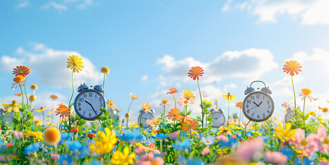 Vintage alarm clock in meadow with colorful flowers and blue sky. Modern Art Deco surreal and...