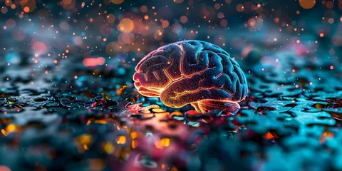 Fotobehang Solving a complex brain puzzle through colorful neurons sparking learning and cognitive intrigue. Concept Brain Teasers, Learning Strategies, Cognitive Development, Neuron Activation, Puzzle Solving © Ян Заболотний