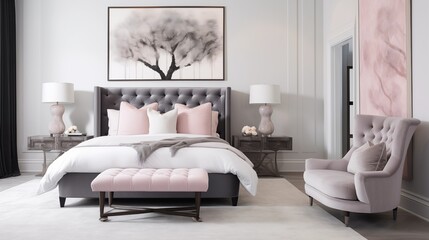 Bedroom in soft ballet pinks with charcoal gray velvet channel tufted bed.