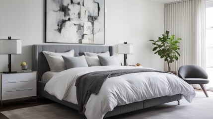 Bedroom with bright whites and charcoal gray upholstered panel headboard.