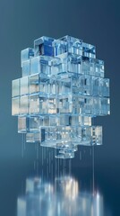 A large cube made of clear glass is suspended in midair