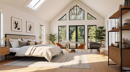 Bedroom with white vaulted ceilings, honey maple floors and bronze iron bed.