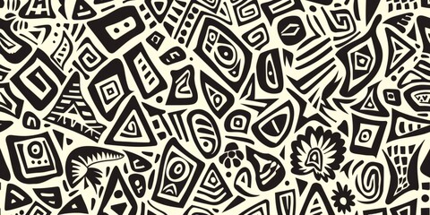  pattern with digital ink drawings design incorporates black and white, creating an abstract tribal print reminiscent of ancient symbols Generative AI - obrazy, fototapety, plakaty