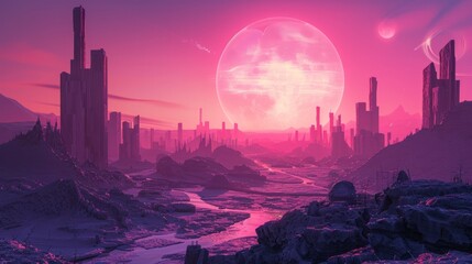 Cyber landscape with a large low sun in style, showcasing a digital render of a futuristic world.