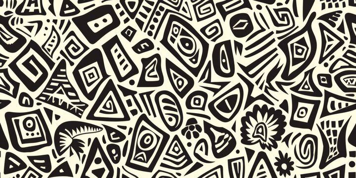  pattern with digital ink drawings design incorporates black and white, creating an abstract tribal print reminiscent of ancient symbols Generative AI