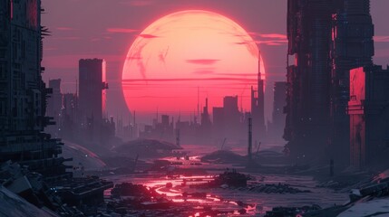 Fototapeta premium Cyber landscape with a large low sun in style, showcasing a digital render of a futuristic world.