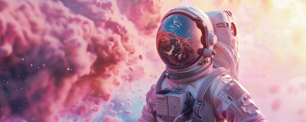 Glamorous astronaut depicted in a stunning 3D surrealistic abstraction, blending sci-fi and fashion. - obrazy, fototapety, plakaty
