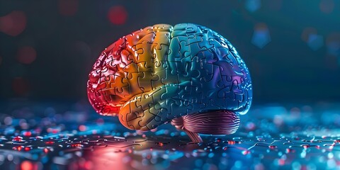 Enigmatic brain puzzle with multicolored pieces and dynamic neural connections. Concept Brain Teasers, Colorful Puzzles, Neural Connections, Enigmatic Challenges - obrazy, fototapety, plakaty
