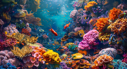 A vibrant coral reef with colorful sea 