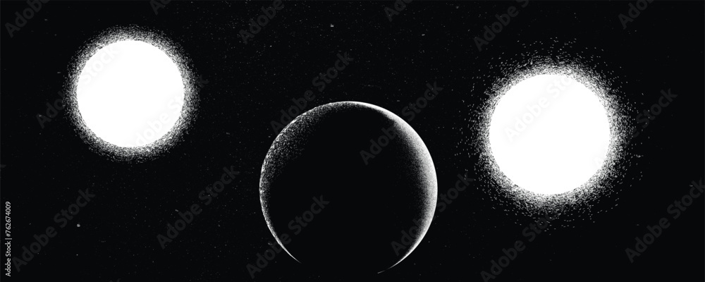 Wall mural binary stars and exoplanet in outer space. futuristic landscape, with noise texture . night landscap