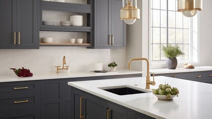 Charcoal gray kitchen cabinets with brass hardware and white quartz countertops.