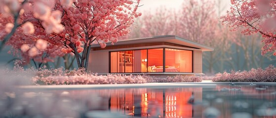 Side angle, 3D rendered tiny home, sleek pastel minimalist aesthetics, 3D render