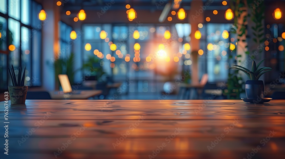 Wall mural Interior of a modern office with green plants in a vase. Blurred office background, business background, out of focus