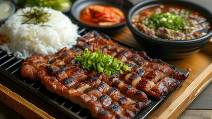 bamboo tray holding bbq tempeh ribs and vegetables