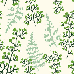 Hand drawn seamless vector repeating pattern with freehand branches plants in tonal green on cream. St Patricks day, spring gardening, calming backdrop repeat for packaging, clothing, paper