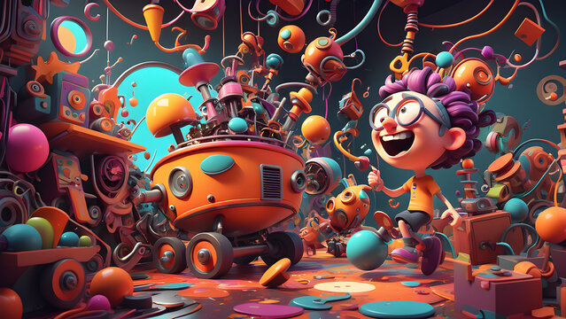 Colorful 3D illustration of a whimsical cartoon workshop with a joyful character and quirky machines.
