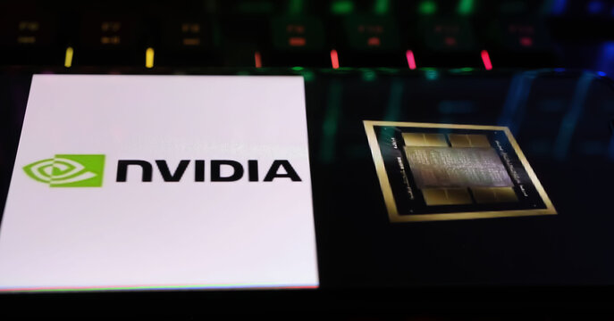 Viersen, Germany - March 18. 2024: Closeup of smartphone on computer Keyboard with log lettering of Nvidia and symbol for new Blackwell GPU B200 preocessor chip
