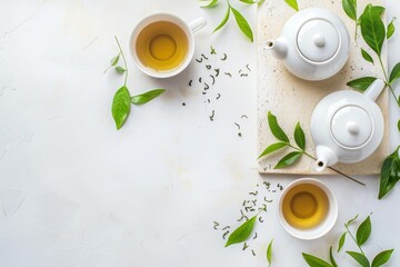 Obraz na płótnie Canvas White background with teapot and tea cups, green leaves on beige stone board. Top view flat lay banner for healthy drink concept with copy space