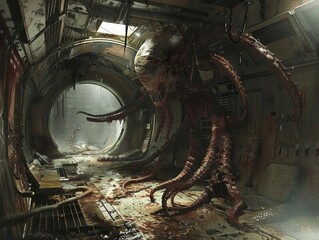A derelict space station is found to be overrun by a parasitic alien species that can survive the vacuum of space. - obrazy, fototapety, plakaty