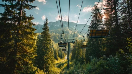 Fotobehang Escape to the tranquil mountainside with our captivating image of an empty ski lift amidst lush green trees at the resort. © pvl0707