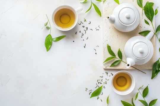 White background with teapot and tea cups, green leaves on beige stone board. Top view flat lay banner for healthy drink concept with copy space