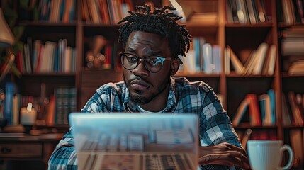 Young african american man in glasses using laptop at home