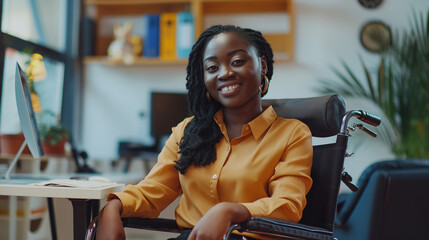  portrait of an African woman in an office, sitting in a wheelchair and smiling at the camera, working at a computer desk - obrazy, fototapety, plakaty
