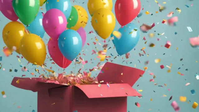 Looped 4K Video: Birthday Celebration with Balloons, Confetti & Presents on Light Blue Background