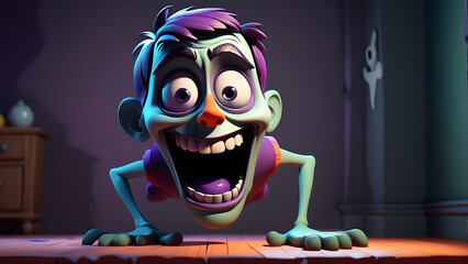 Cartoon character sneaking up with a mischievous grin in a dimly lit room, creating a playful yet spooky atmosphere. - obrazy, fototapety, plakaty