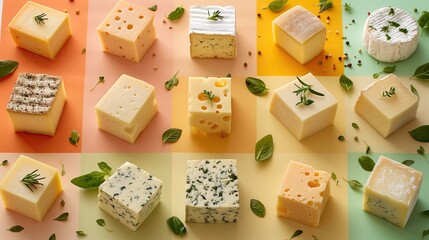 Different types of cheese with herbs on color background, top view. Dairy products