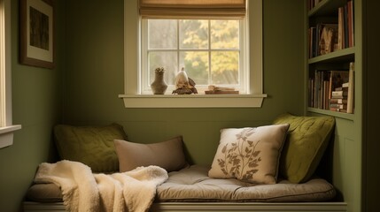 Cozy reading nook with built-in shelves painted a soft sage green and sheepskin throw.