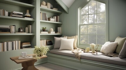 Cozy reading nook with built-in shelves painted a soft sage green and sheepskin throw.