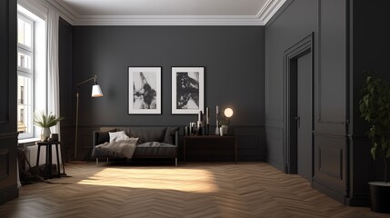 Dark charcoal gray walls with a light wood herringbone floor and white crown molding.