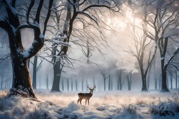 deer in winter forest - obrazy, fototapety, plakaty