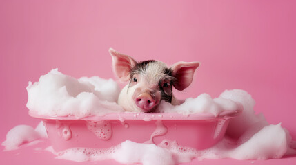Cute mini pig is bathing in the bathtub with foam. Studio, pink background. Advertisement photo.