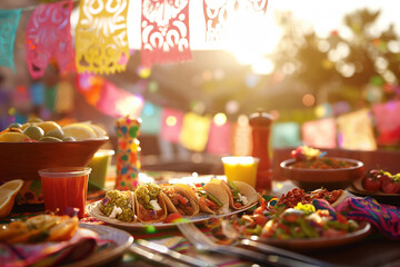 Mexican fiesta table with spread of tacos, guacamole, and salsa - obrazy, fototapety, plakaty