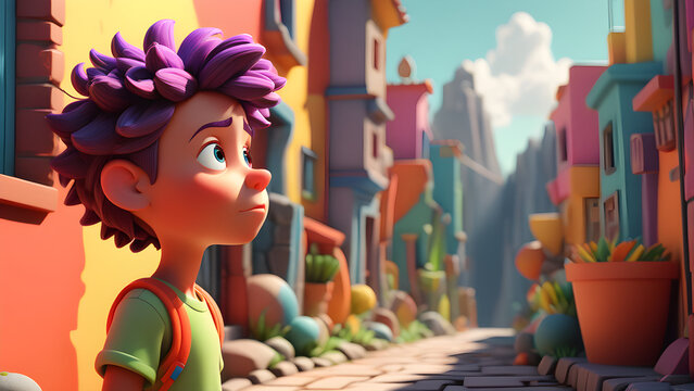 Colorful 3D animation of a curious child exploring a vibrant, whimsical street lined with quaint houses under a clear sky.