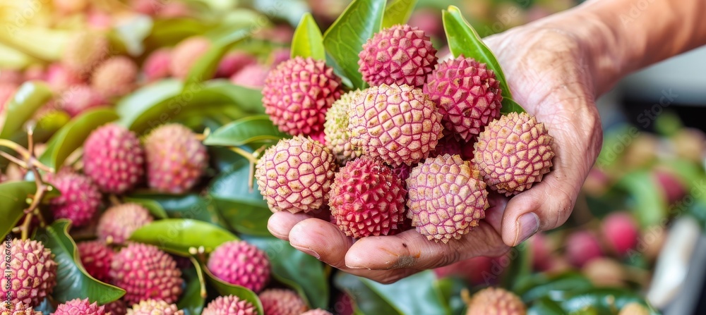 Aufkleber fresh lychee selection with copy space on blurred background, ideal for text placement